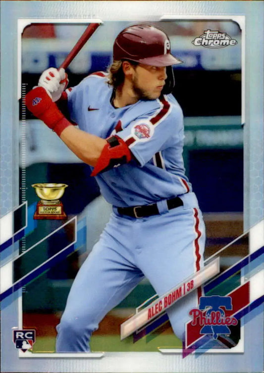 Alec Bohm in light blue Phillies uniform at bat for Topps Chrome Refractor Rookie Card