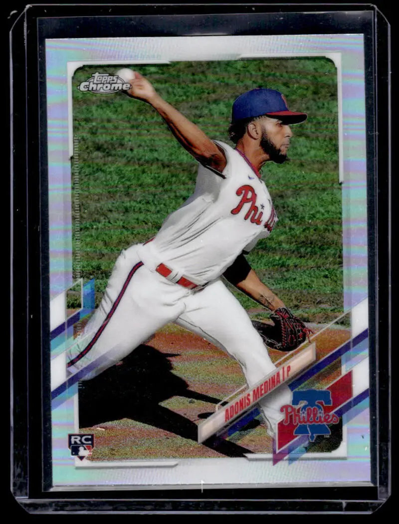 Adonis Medina pitching in white uniform on 2021 Topps Chrome Philadelphia Phillies card