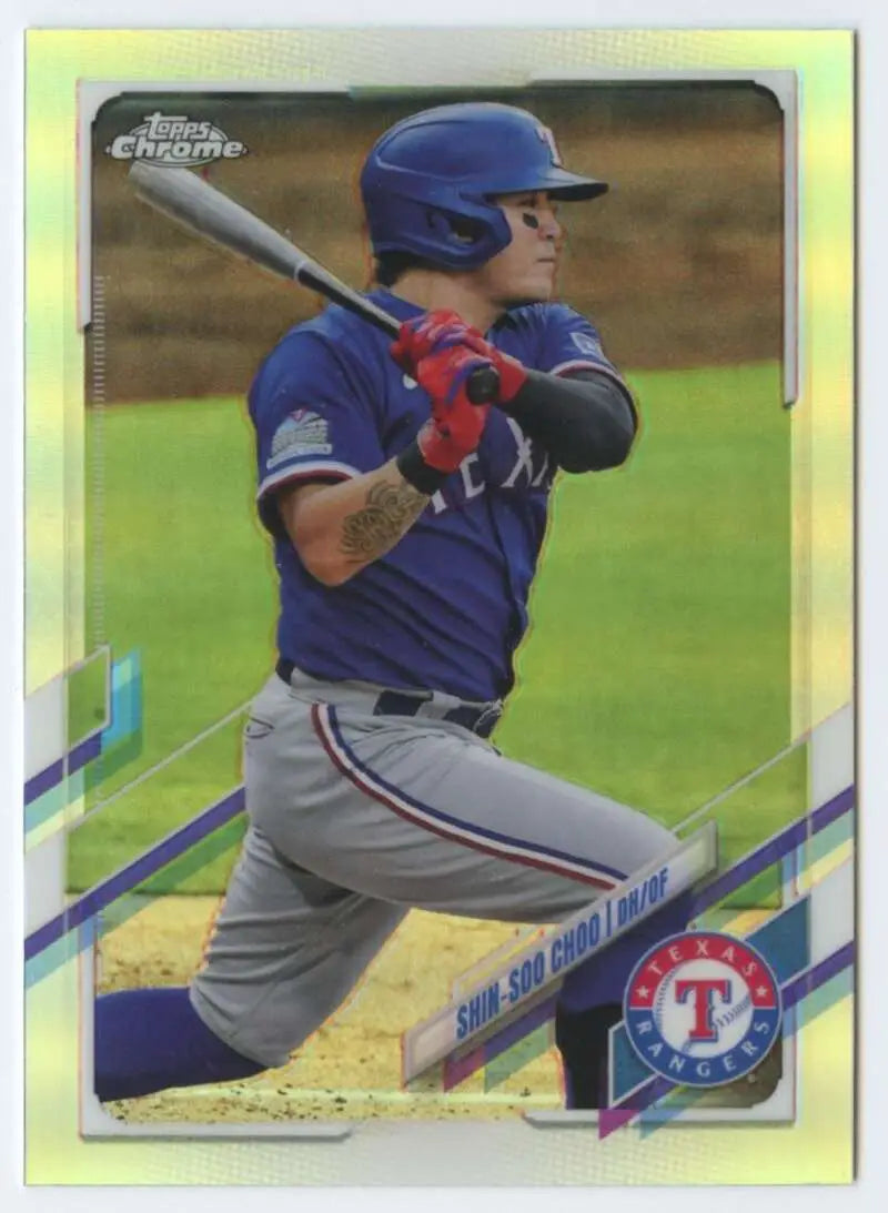 Baseball card of Shin-Soo Choo in Texas Rangers navy blue uniform at the plate