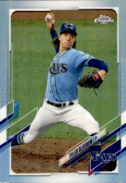 Tampa Bay Rays player Tyler Glasnow pitching in light blue jersey on baseball card