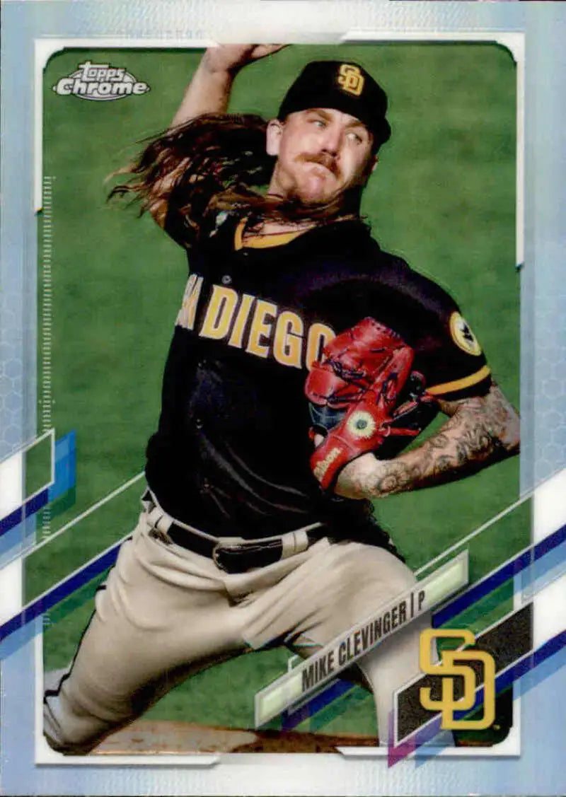 Mike Clevinger mid-pitch in Padres uniform on 2021 Topps Chrome Refractor baseball card