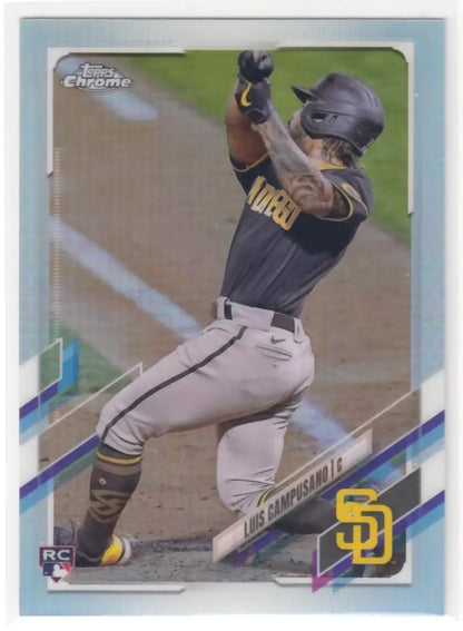 Luis Campusano in San Diego Padres uniform swinging bat on Topps Chrome Refractor card