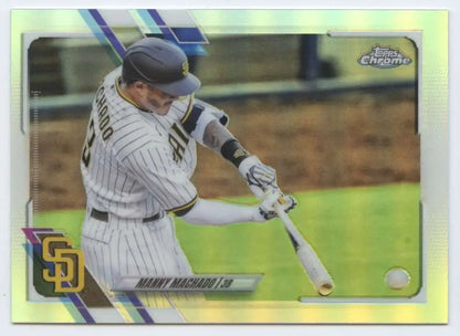 Manny Machado in San Diego Padres pinstripes swinging bat during a game