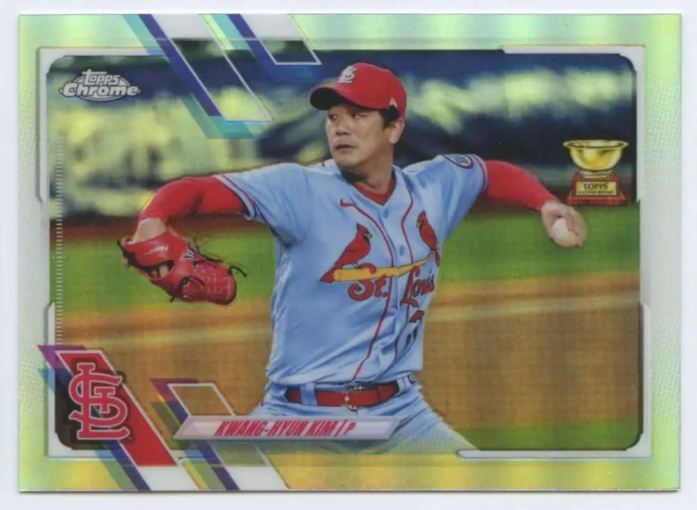 Baseball trading card of Kwang-Hyun Kim in light blue uniform, Topps Chrome Refractor