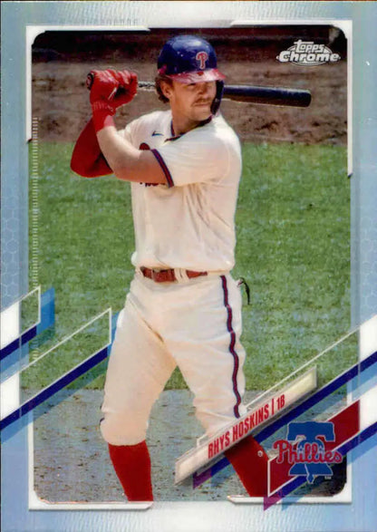 Rhys Hoskins in white uniform at plate on 2021 Topps Chrome Refractor Philadelphia Phillies Card