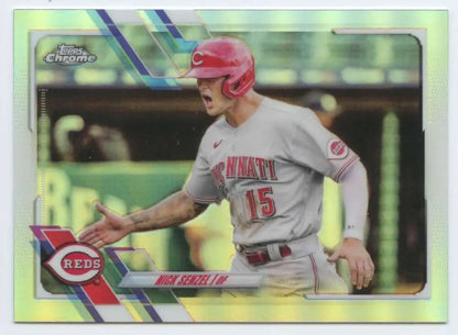 Baseball trading card of Nick Senzel sliding into base from Topps Chrome Refractor