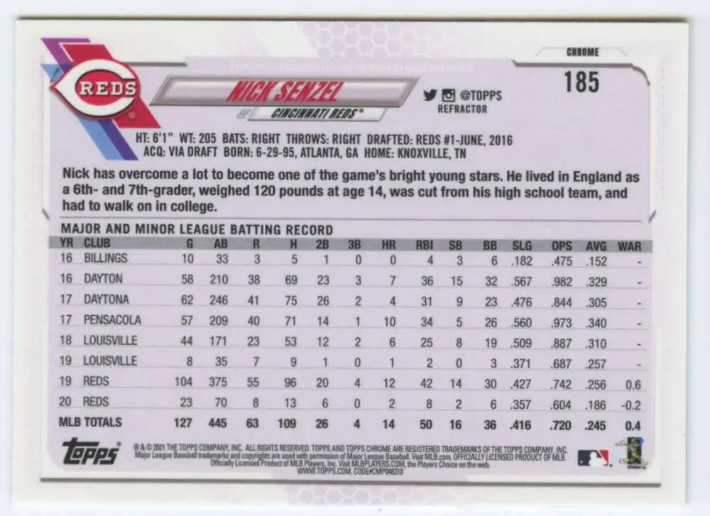 Back of 2021 Topps Chrome Refractor Nick Senzel card displaying player stats and bio