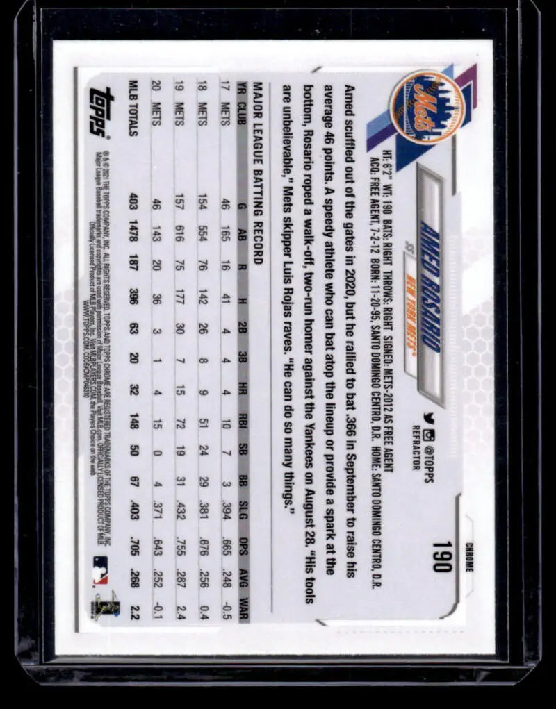 Back side of 2021 Topps Chrome Refractor Amed Rosario baseball card with stats