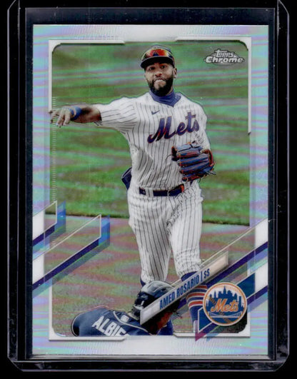 New York Mets Amed Rosario Topps Chrome Refractor baseball card in pinstripe uniform