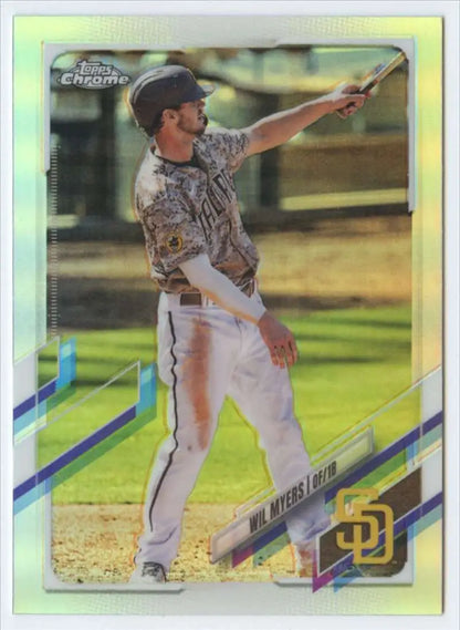 Wil Myers in San Diego Padres uniform swinging bat on 2021 Topps Chrome baseball card