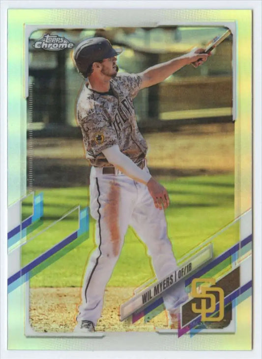 Wil Myers in San Diego Padres uniform swinging bat on 2021 Topps Chrome baseball card