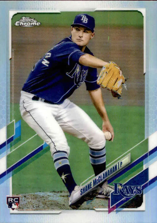 Tampa Bay Rays Shane McClanahan in navy uniform preparing to pitch on baseball card