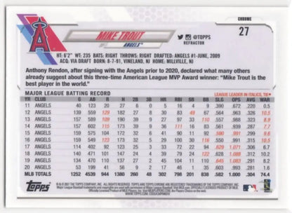 Baseball card featuring Mike Trout statistics for Los Angeles Angels 2021 Topps Chrome Refractor