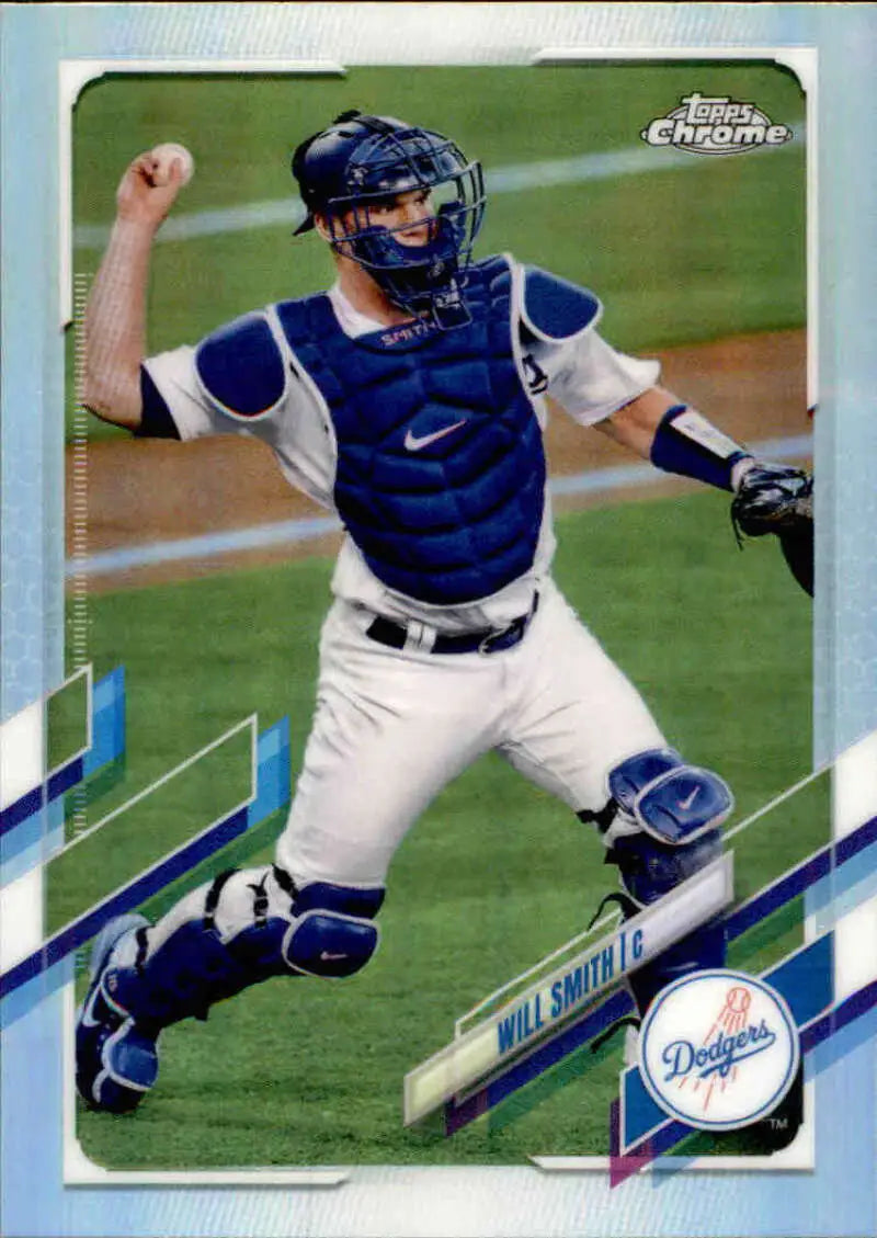 Baseball catcher in white uniform with blue gear for Los Angeles Dodgers card