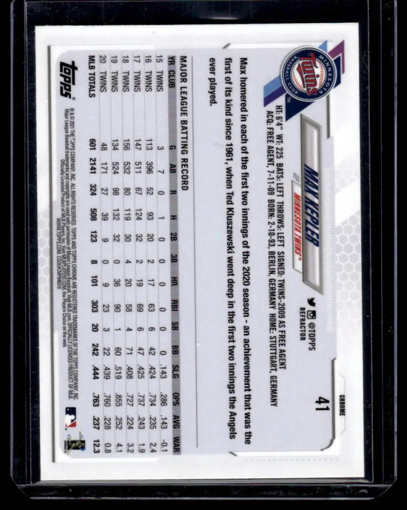 Back of 2021 Topps Chrome Refractor #41 Max Kepler Minnesota Twins Baseball Card statistics