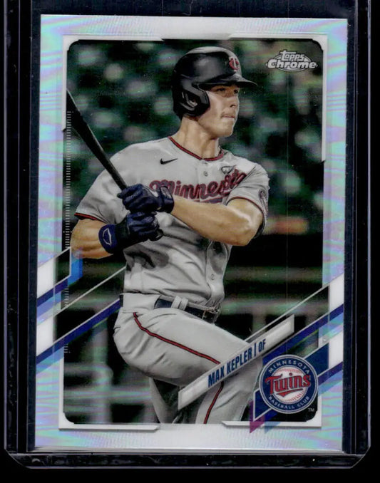 Max Kepler batting in white uniform on 2021 Topps Chrome Refractor Minnesota Twins baseball card