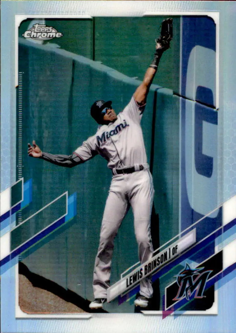 Lewis Brinson leaps for a catch in Miami Marlins road uniform on Topps Chrome Refractor