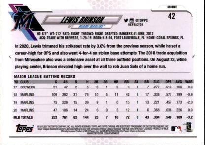 Baseball card featuring Lewis Brinson stats from 2021 Topps Chrome Refractor #42