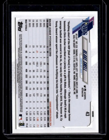 Back side of 2021 Topps Chrome Refractor #43 Blake Snell baseball card with stats