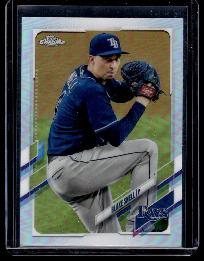 Baseball card of Blake Snell mid-delivery in navy blue uniform for Tampa Bay Rays