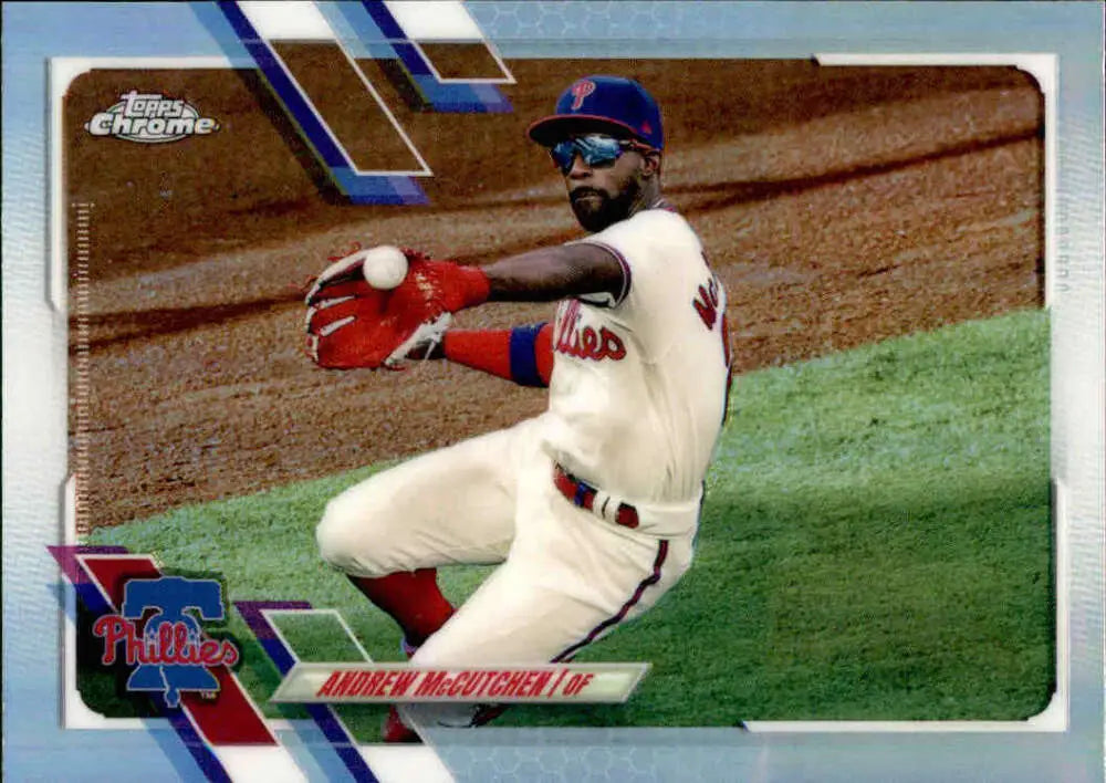 Andrew McCutchen fielding a ball in Philadelphia Phillies uniform on baseball card