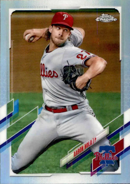 Aaron Nola mid-pitch delivery in Philadelphia Phillies uniform Topps Chrome Refractor baseball card