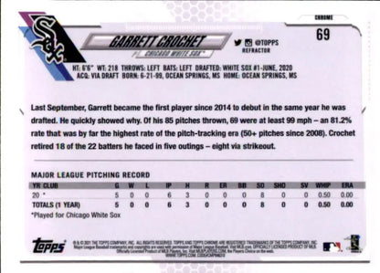 Baseball trading card featuring Garrett Crochet stats for the Chicago White Sox