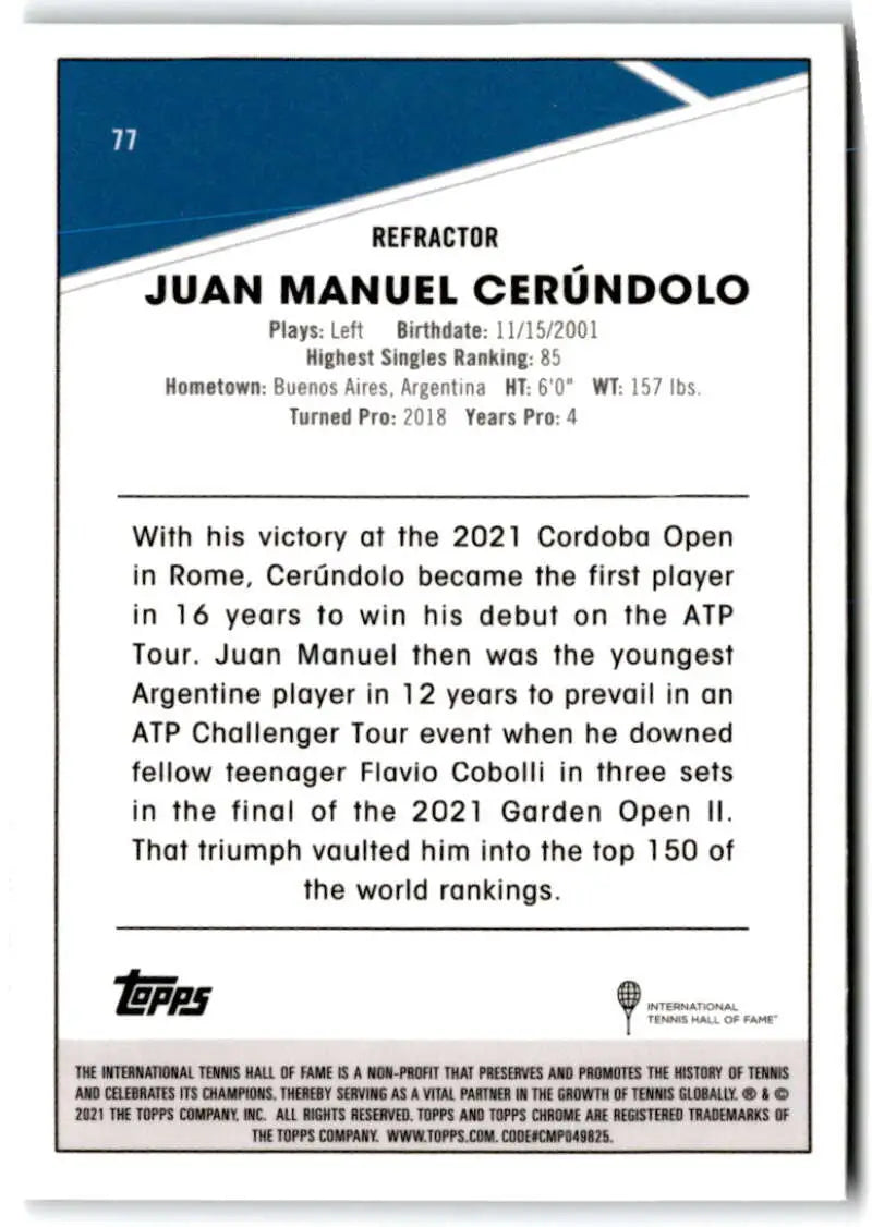 Trading card showcasing Juan Manuel Cerundolo’s career statistics and achievements