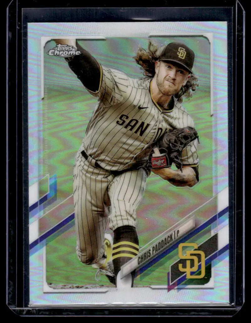 Chris Paddack mid-throw in pinstriped home uniform on San Diego Padres baseball card