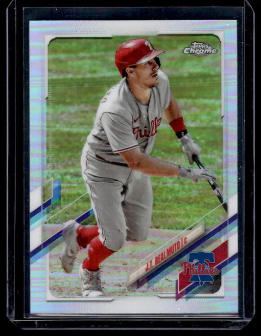 Baseball card of J.T. Realmuto in gray Phillies uniform, Topps Chrome Refractor collectible