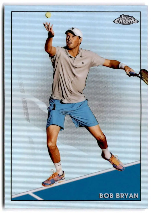 Tennis player Bob Bryan serving a ball on 2021 Topps Chrome Refractor card