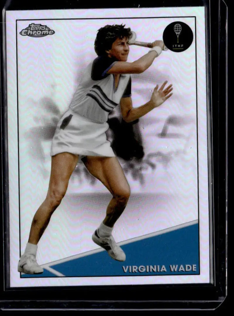 Virginia Wade serving on 2021 Topps Chrome Refractor #97 Tennis Card in white attire