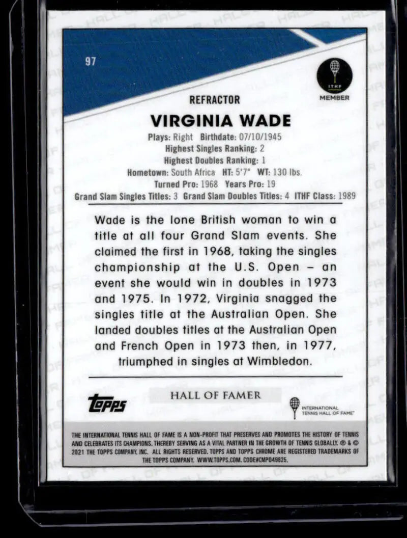 Trading card showcasing Virginia Wade’s Hall of Fame career in Topps Chrome Refractor