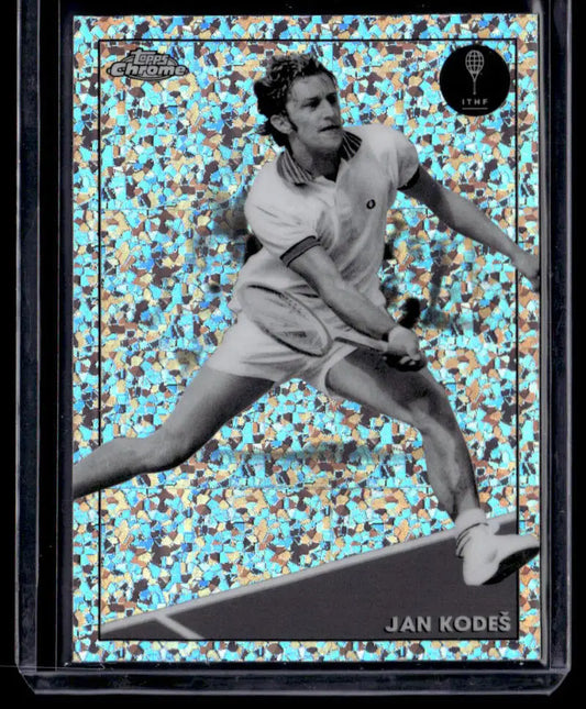 Black and white Jan Kodes tennis trading card with Topps Chrome Refractor mini diamond pattern