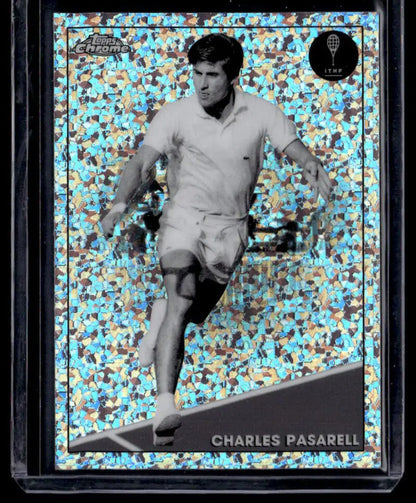 Black and white 2021 Topps Chrome Refractor Charles Pasarell Tennis Card with holographic overlay