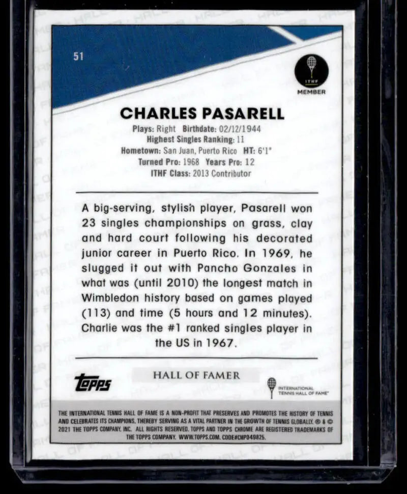 Trading card of Charles Pasarell with stats from 2021 Topps Chrome Refractor collection