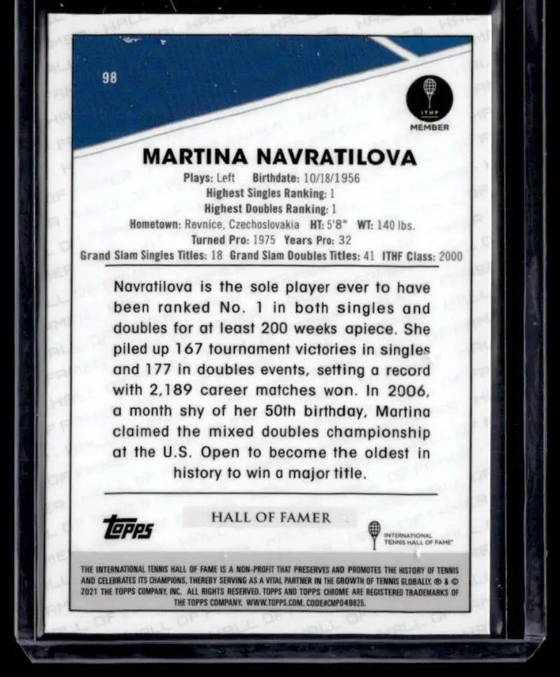 Tennis card featuring Martina Navratilova’s achievements in Mini Diamond design