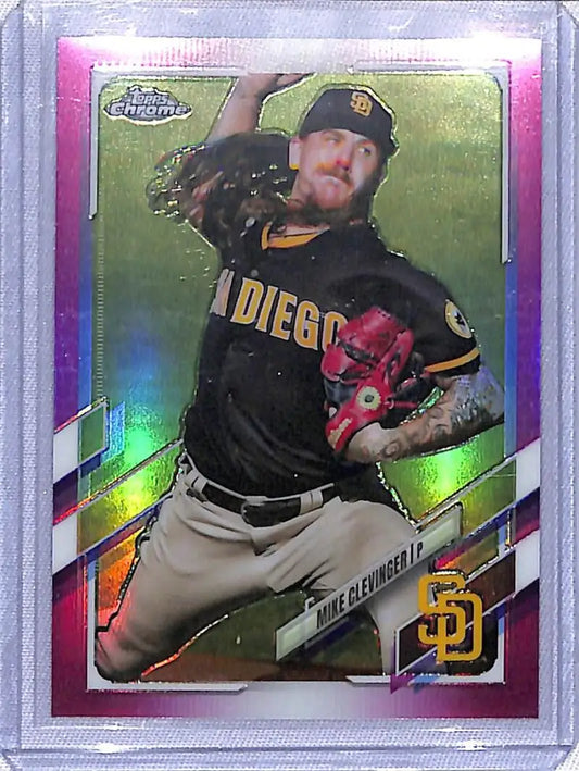 Holographic Topps Chrome baseball card of Mike Clevinger mid-throw for San Diego Padres