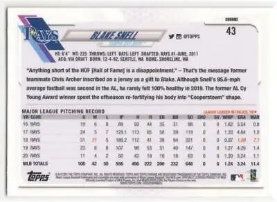 Baseball card back of 2021 Topps Chrome Refractor Pink #43 Blake Snell NM-MT Rays