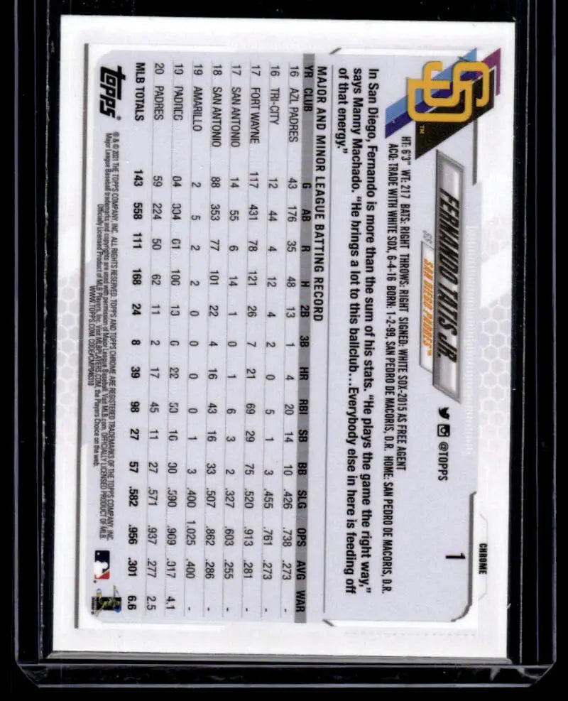 Back side of 2021 Topps Chrome Refractor Prism Fernando Tatis Jr. baseball card stats