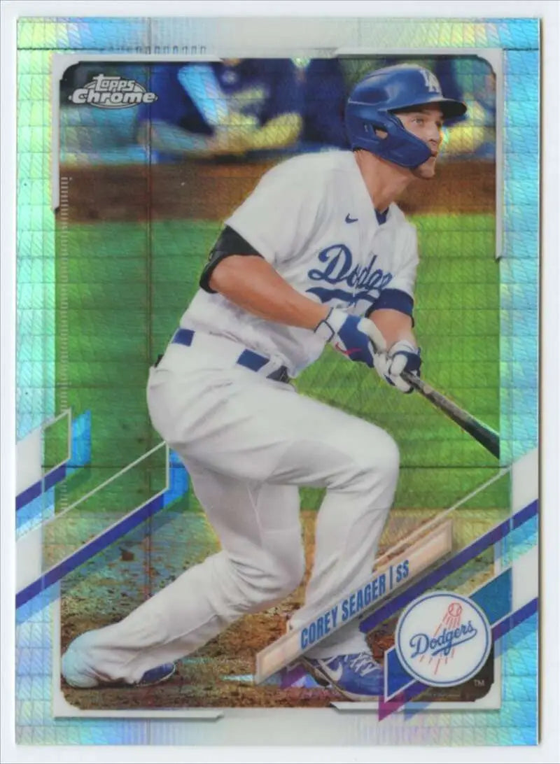 Chrome Refractor Prism baseball card of Corey Seager in Dodgers uniform at bat