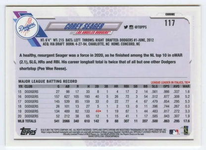 Back of the 2021 Topps Chrome Refractor Prism #117 Corey Seager Baseball Card showing stats