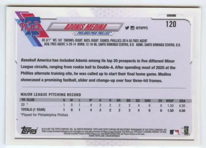 Baseball card featuring Adonis Medina statistics and 2021 Topps Chrome Refractor Prism