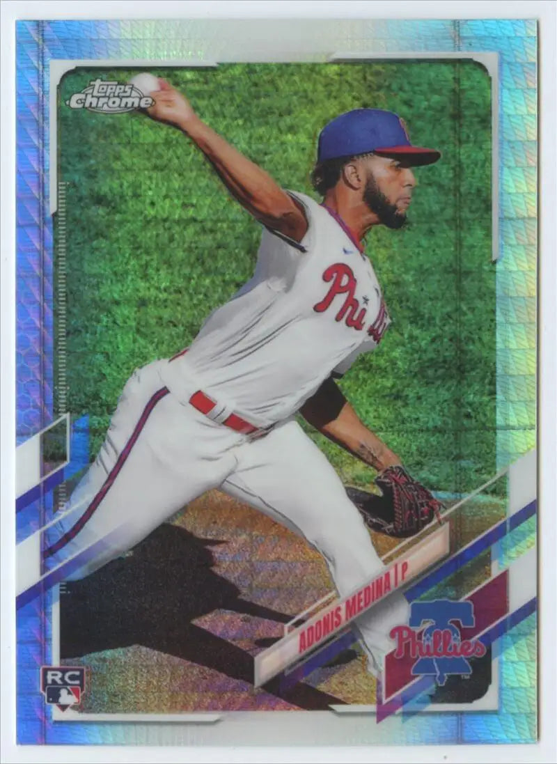 Adonis Medina mid-pitch in Phillies uniform on Topps Chrome Refractor Prism trading card