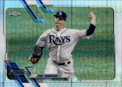 Tampa Bay Rays player Ryan Yarbrough pitching on 2021 Topps Chrome Refractor Prism baseball card