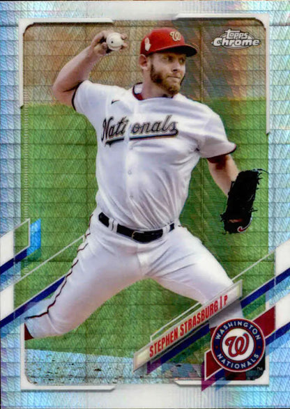 Washington Nationals pitcher Stephen Strasburg mid-throw in Topps Chrome Refractor Prism card