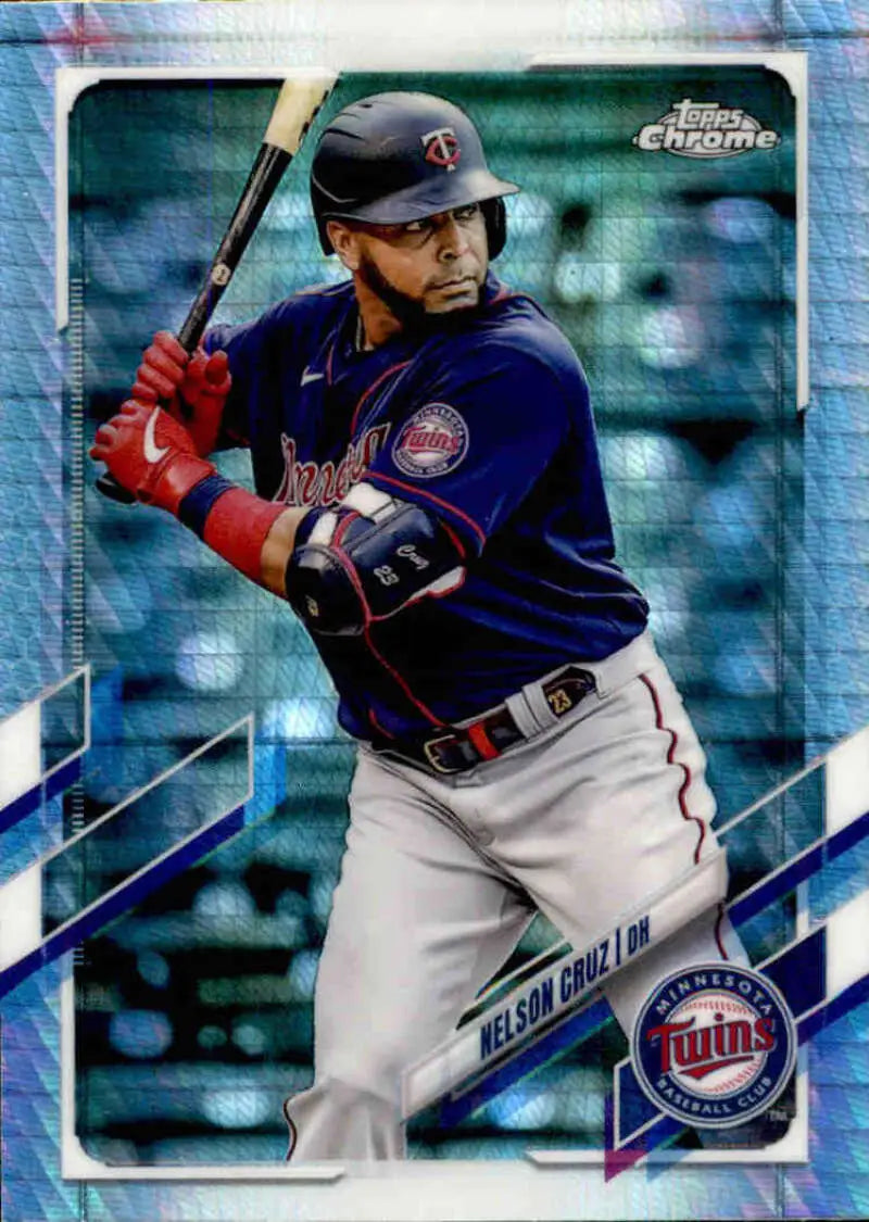 Minnesota Twins Nelson Cruz at bat in navy uniform on 2021 Refractor Prism card