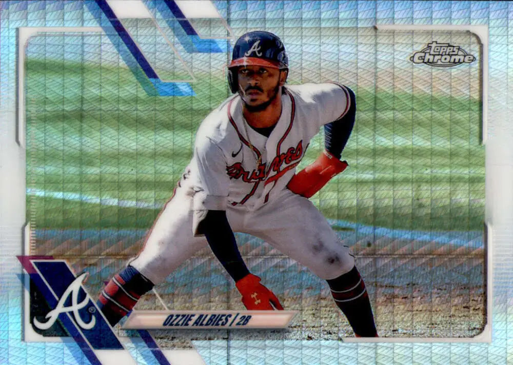 Ozzie Albies in Atlanta Braves uniform taking batting stance on Topps Chrome Refractor Prism card