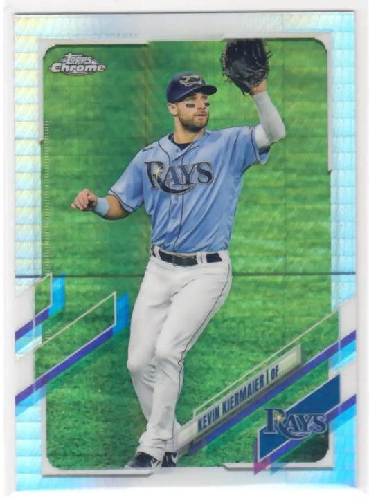 Kevin Kiermaier in light blue jersey making a catch for Tampa Bay Rays Refractor Prism card