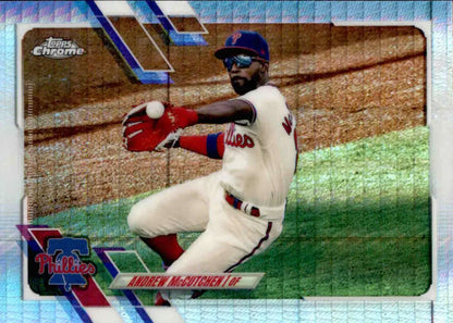 Andrew McCutchen in Philadelphia Phillies uniform preparing to throw ball on Topps Chrome Refractor